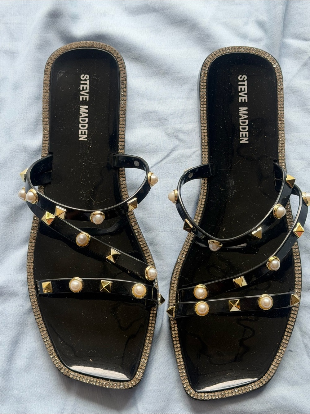 Steve Madden Nonii Jelly Black Pearl & Gold Stud Strappy Slide Sandals